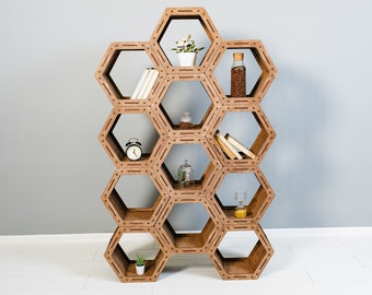 ESTANTE HEXAGONAL - Estantes HONEYCOMB - Almacenamiento de libros de madera hecho a mano Estantes de decoración del hogar de pie - Hermoso estante personalizado de estantería ensamblada