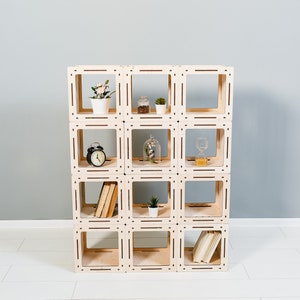 Bibliothèque moderne, bibliothèque moderne, bibliothèque en bois faite à la main, étagère, étagère en bois, diviseur de pièce, étagères de cube