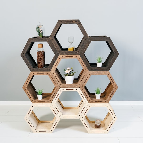 Hexagon Shelves, Wall Beehive Bee Honeycomb Shelf Decor, Large Set of shelves, Wooden Crystal Storage Display