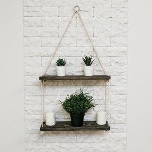 Rope Plant Shelf, Reclaimed Wood Shelf, Hanging Plant Shelf, Rustic Ladder Shelf, Double self, Wall Decor, Housewarming
