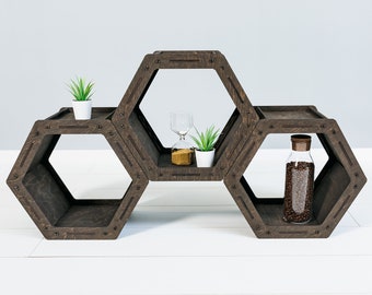 Wooden Rustic Shelves, Set of Hexagon Shelves, Geometric Shelves, Honeycomb Shelves, Rustic Wooden Wall Decor