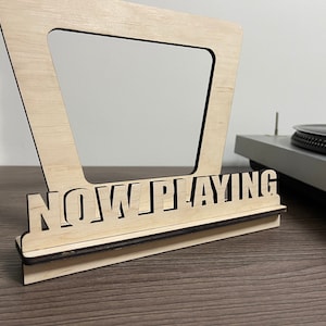 Now spinning, hold up LP, Record Display Stand, Record Display, Vinyl storage, Wooden Record stand