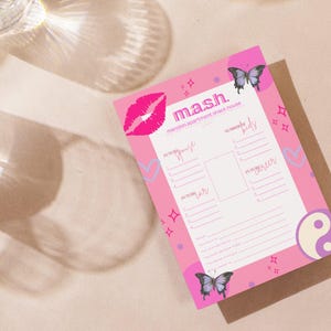 May include: Pink printable "MASH" game with categories like "spouse", "car", and "career". The game features pink hearts, butterflies, and stars.