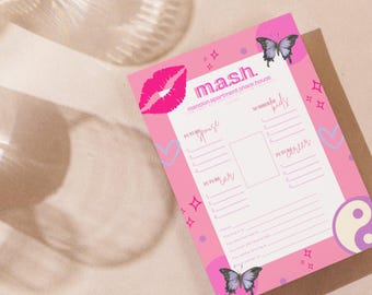 May include: Pink printable "MASH" game with categories like "spouse", "car", and "career". The game features pink hearts, butterflies, and stars.