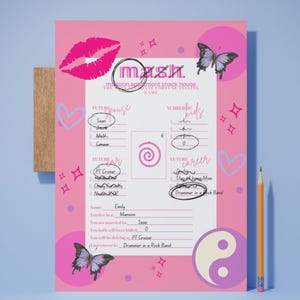 May include: A pink and purple printable game board with the title "mash" and the text "mission and statement shack house. the ultimate fortune telling game". The game board includes categories for future spouse, number of kids, future car, and future career. The game board is decorated with butterflies, hearts, and stars.