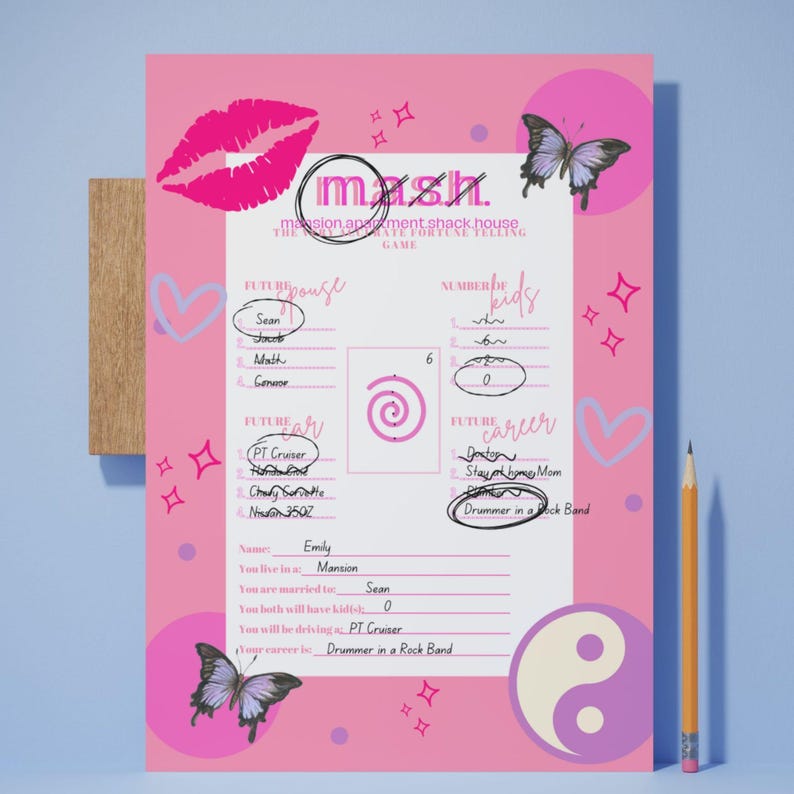 May include: A pink and purple printable game board with the title "mash" and the text "mission and statement shack house. the ultimate fortune telling game". The game board includes categories for future spouse, number of kids, future car, and future career. The game board is decorated with butterflies, hearts, and stars.