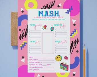May include: A pink printable MASH game with a retro 80s design. The game asks players to write down their future spouse, number of kids, car, and career. The game includes a pacifier, a ring, a car, a boombox, and a smiley face.
