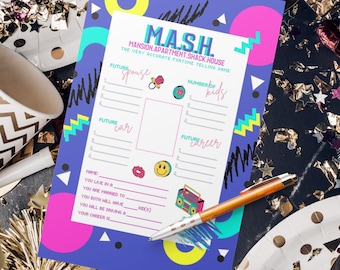 May include: A printable MASH game with a retro 80s theme. The game asks players to predict their future spouse, car, career, and number of children. The game is printed on blue paper with bright pink, yellow, and green accents.