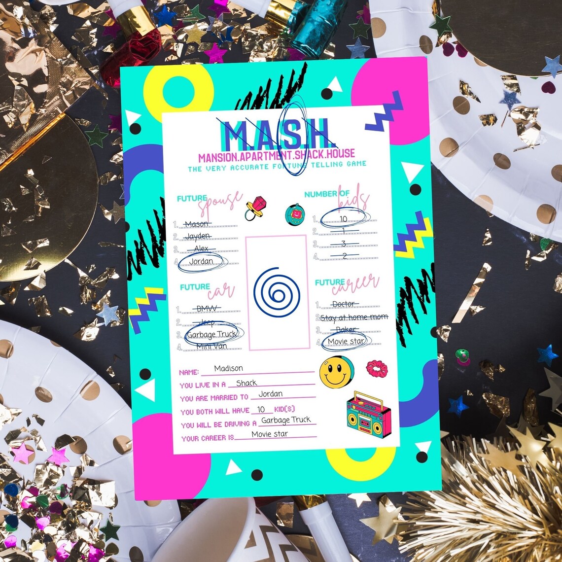 90's Theme Party MASH Printable Game Aqua Instant Download | 8.5"x11 ...