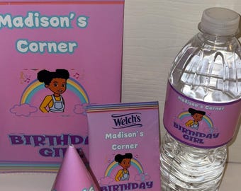 May include: A collection of party supplies with a pink theme, including a party hat, a snack bag, a small box, and a water bottle. Each item features the text "Madison's Corner" and "Birthday Girl" with a cartoon illustration.
