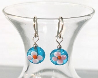 Pink Flower on Water Glass Earrings