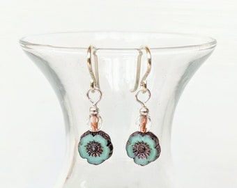 Antiqued Turquoise Flowers - Sterling Silver and Glass Drop Earrings