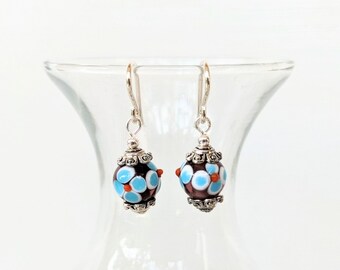 Purple and Turquoise Flowers (Lampwork)- Sterling Silver and Glass Drop Earrings