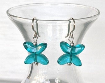 Teal Butterfly - Sterling Silver and Glass Drop Earrings