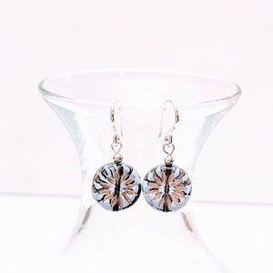 Gray/Grey Aster Sunburst Czech Glass Drop Earrings