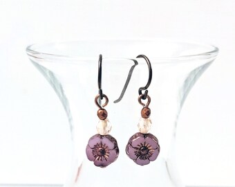 Antiqued Lavender Pink Flowers - Sterling Silver and Glass Drop Earrings