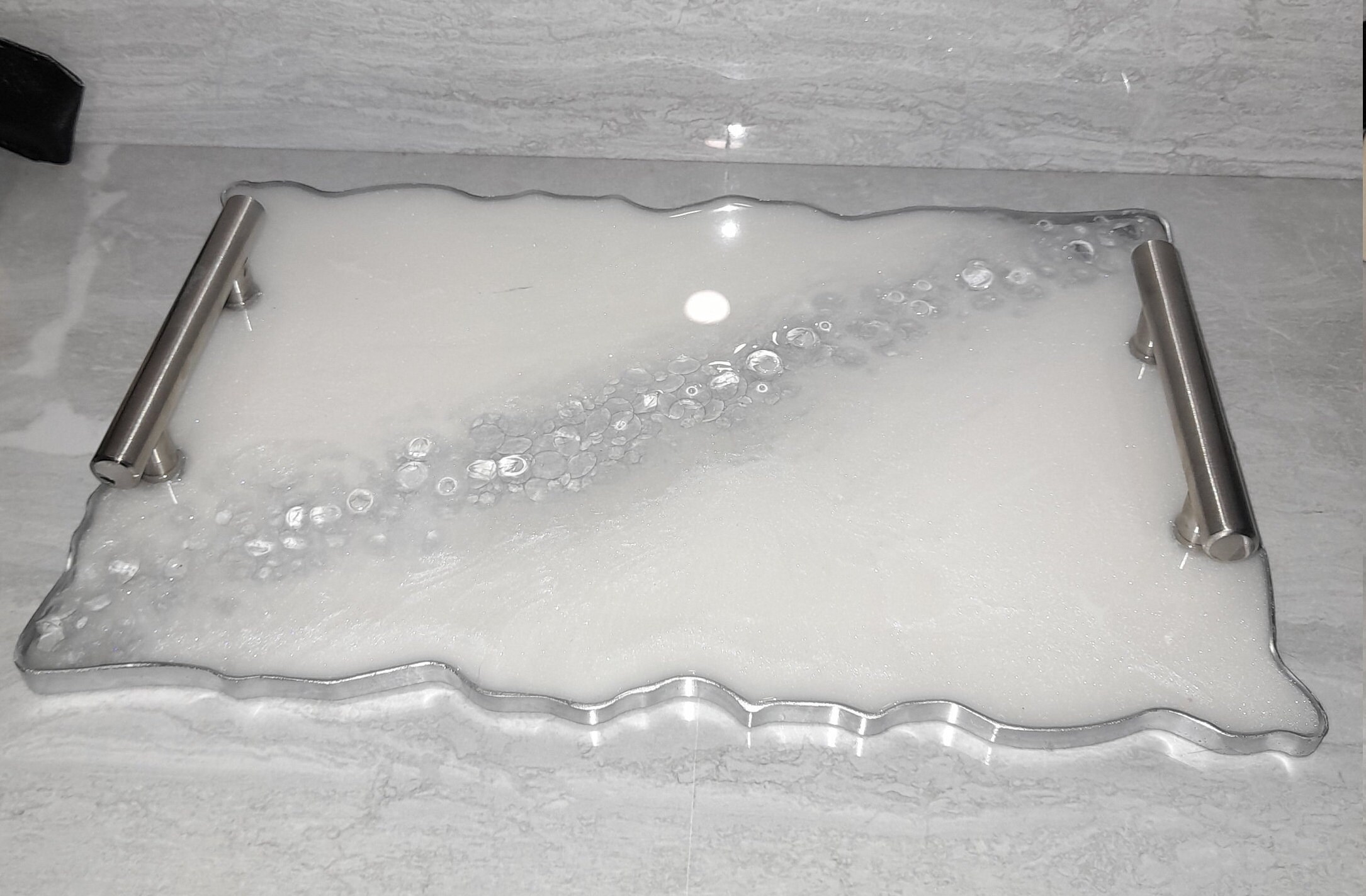 Wedding engagement Large white resin tray with silver handles Etsy