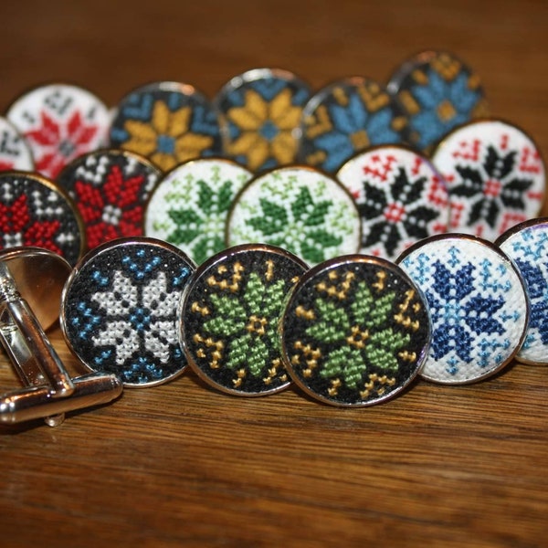 Hand embroidery cufflinks with Ukrainian ornament. Patriotic gift for men, for him.