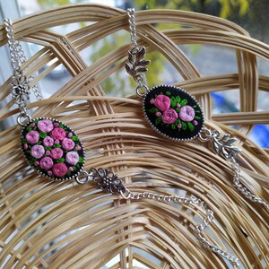 Pink flowers handmade embroidered bracelet  - Women girl gift