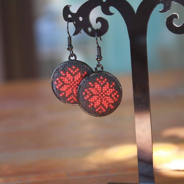 Ukrainian geometric ornament embroidered micto cross stitching earrings .  Ukraine folk.  Gift for her