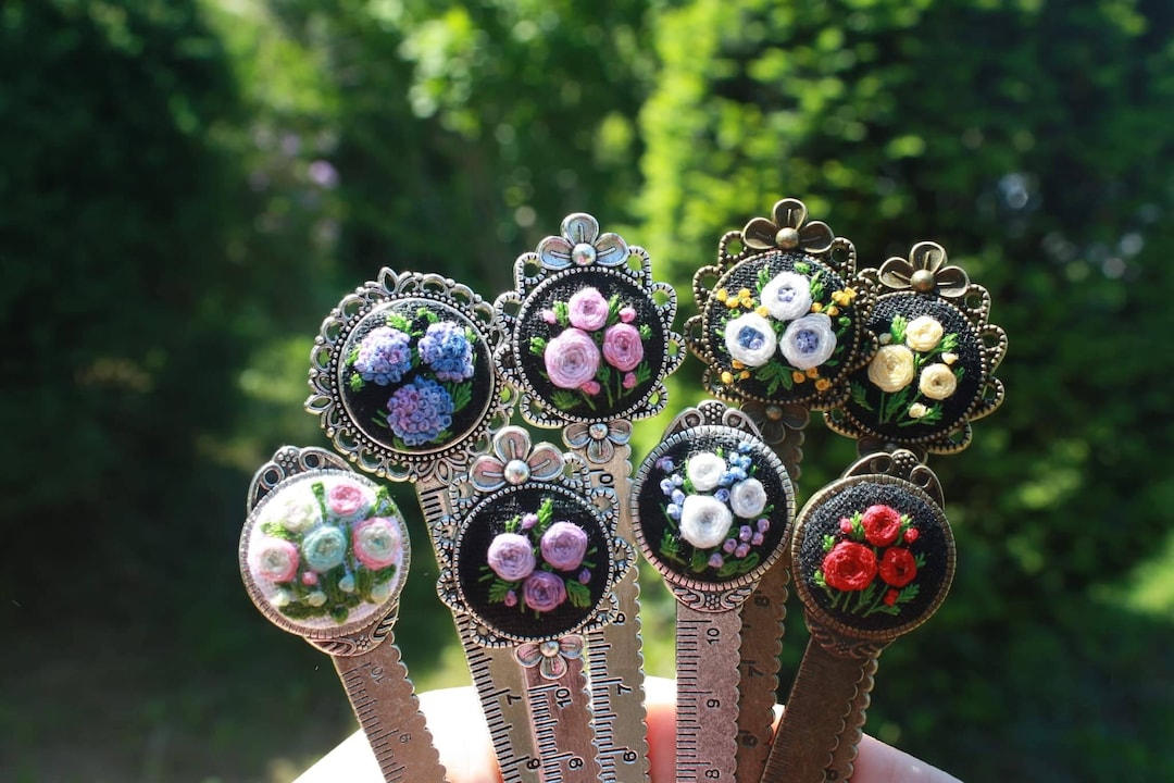 Flower Bookmark Ruler Embroidered Metal Ruler Bookmark With Flowers . Reader Gift. Book ...