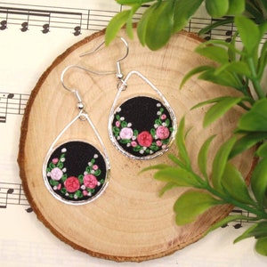 Pink roses embroidered earrings - St. Valentine's gift for her