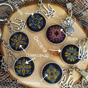 Ukrainische Stickerei. Personalisierte Schlüsselanhänger mit handgemachten, lesbaren Namen. Glücksbringer.  Ukraine-Stil. Blau und Gelb. Geschenk für Ihn