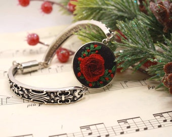 Handmade embroidered bracelet with red rose - Gift for her. Vintage style
