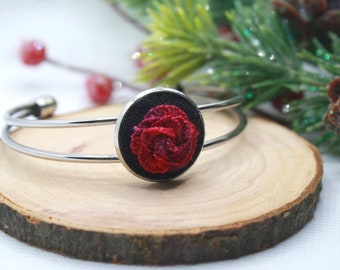 Adjustable cuff bracelet with handmade embroidery. Red rose -  Embroidered jewelry - Hand stitched - women gift