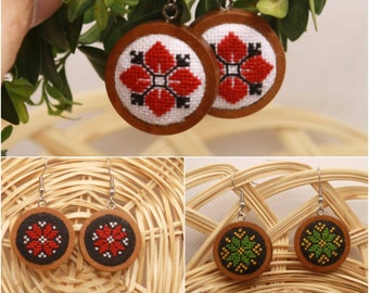 Geometric ornament embroidered micto cross stitching earrings - Wood frame. Natural materials.  Ukraine folk.  Gift for her