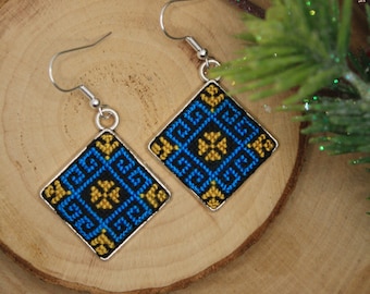 Handmade embroidered earrings with Ukrainian colours geometric star.-  Blue and yellow - Gift for her. Silver hooks