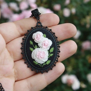 Rose Garden Hand Embroidered Necklace - Embroidery Pendant Jewelry - Hendmade jewelry, vintage embroidery. - Gift, Long necklace chain