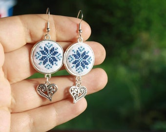 Ukrainian geometric ornament embroidered micto cross stitching earrings .  Ukraine folk.  Gift for her