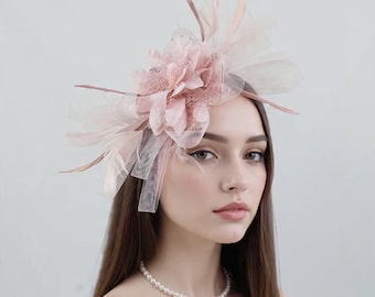 Women Fascinator Tea Party Hat with clip on and Headband - Blush
