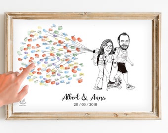 Ilustración Personalizada Huella Dactilar Invitados Boda Caricatura Pareja Andando | Illustration Wedding Guests FingerPrint Walking Couple