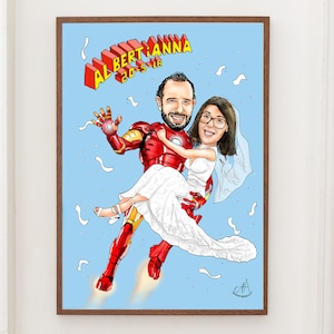 Ilustración Personalizada Boda Caricatura Novios Ironman Superhéroes Photocall | Personalized Wedding Illustration Superheroes Cartoon