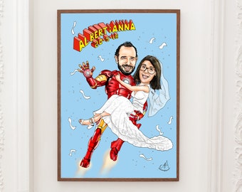 Ilustración Personalizada Boda Caricatura Novios Ironman Superhéroes Photocall | Personalized Wedding Illustration Superheroes Cartoon