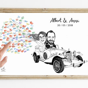 Personalized Illustration Wedding Guests FingerPrint Caricature Couple Car | Personalized Illustration Wedding Guests FingerPrint Car