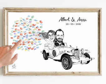 Ilustración Personalizada Huella Dactilar Invitados Boda Caricatura Pareja Coche | Personalized Illustration Wedding Guests FingerPrint Car