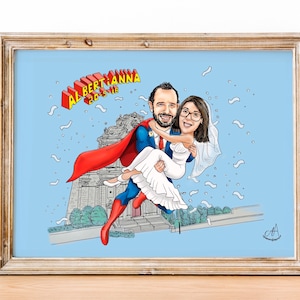 Ilustración Personalizada Boda Caricatura Novios Superhéroes Photocall | Personalized Wedding Couple Illustration Superheroes Cartoon