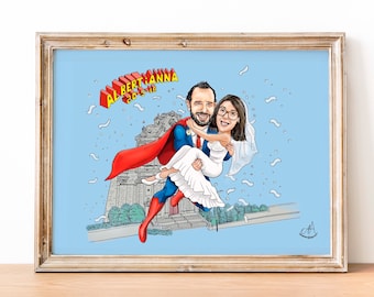 Ilustración Personalizada Boda Caricatura Novios Superhéroes Photocall | Personalized Wedding Couple Illustration Superheroes Cartoon