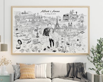 Ilustración Personalizada Paisaje Historia Vivencias y Aficiones Caricatura Boda | Wedding Couple Custom Illustration Landscape Memories