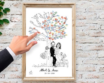 Personalized Illustration Fingerprint Wedding Guests Caricature Couple Tree | Illustration Wedding Guests FingerPrint Couple Tree