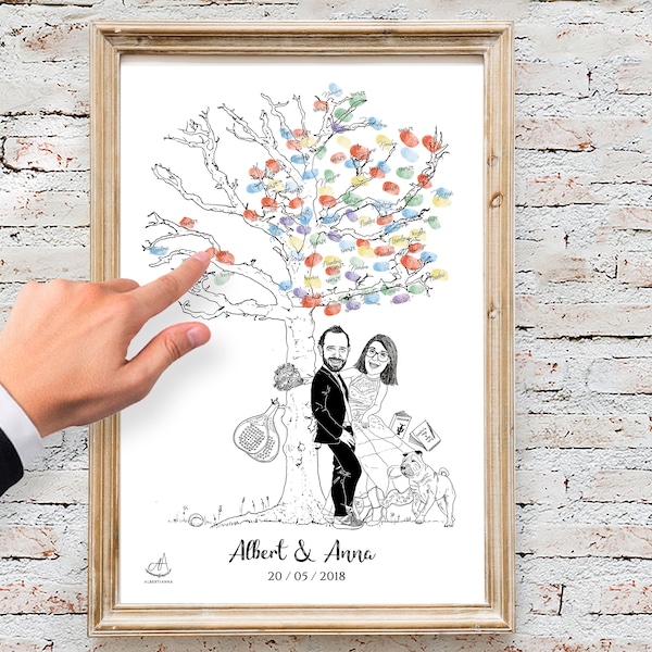 Personalized Illustration Fingerprint Wedding Guests Caricature Couple Tree | Illustration Wedding Guests FingerPrint Couple Tree