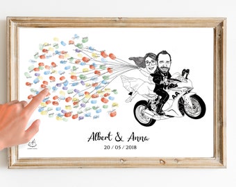 Ilustración Personalizada Huella Dactilar Invitados Boda Caricatura Pareja Moto | Illustration Wedding Guests FingerPrint Motorcycle Couple