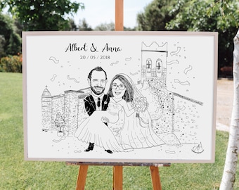 Ilustración Personalizada Boda Caricatura Novios Photocall - Tinta Fondo iglésia | Wedding Couple Custom Illustration Ink Background Church