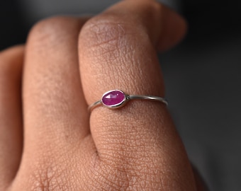 Minimalist Ruby Sterling Silver Ring - Handmade Dainty Band, US Size 7.75