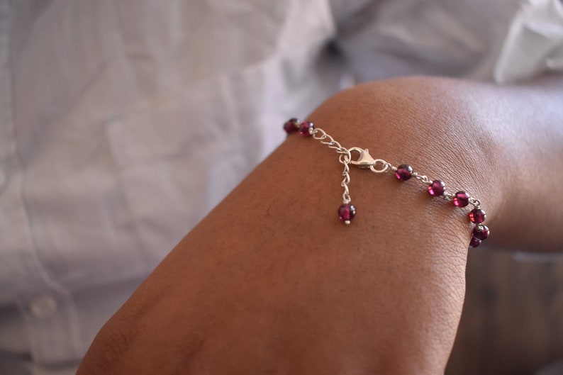 Red garnet bead bracelet, handmade silver 925 bracelet, gift for her, everyday jewelry, minimalist, adjustable bracelet, bridesmaid gift image 1