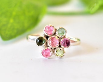 Natural Tourmaline Flower Ring, 925 sterling silver handmade Ring Size US 7, Multi Tourmaline, valentines gift, Cluster ring, Designer ring