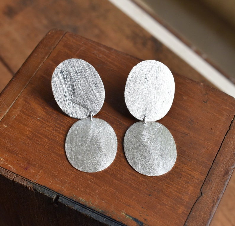 925 Sterling silver handmade geometric Round earrings, Statement earring, plain silver jewelry, hammered silver, matt polish, Valentine gift image 5